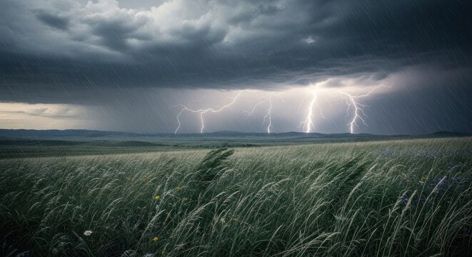 Dramatic lightning illuminates a vast field under a stormy sky, filled with rain.