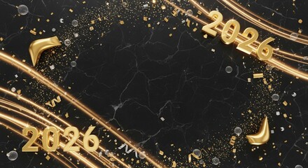 Black and Gold New Year 2026 Background – Luxury Celebration Banner with Confetti and Light Trails