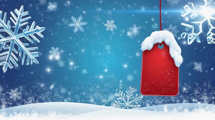 Festive winter scene with snowflakes and a red tag covered in snow.