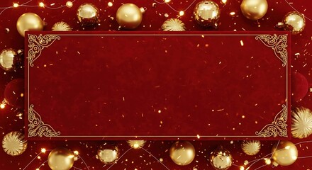 Luxury Red and Gold Christmas Banner – Elegant Holiday Frame with Ornaments and Lights