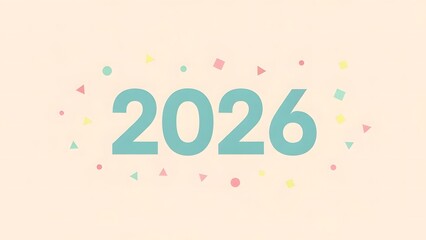 A festive illustration of the year 2026 with colorful pastel confetti on a light beige background.