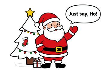 Cartoon Santa Claus with Christmas Tree and Gift Box Illustration