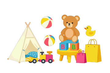 Fototapeta premium Colorful Children's Toys Illustration with Teddy Bear