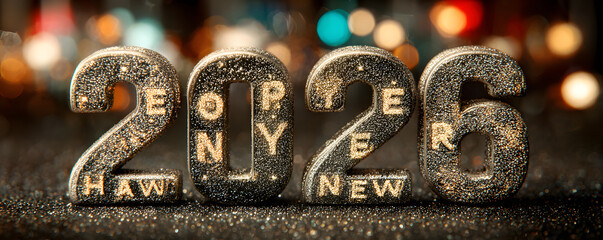 happy new year 2026 countdown clock on abstract glittering midnight sky with copy space, festive party invitation card concept for new years eve