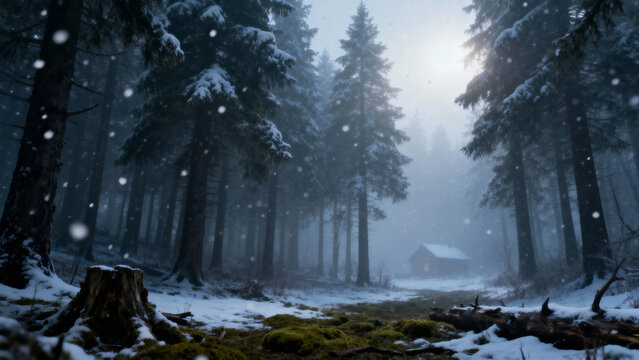 Snow-covered forest with tall pine trees and a distant cabin in a misty winter landscape