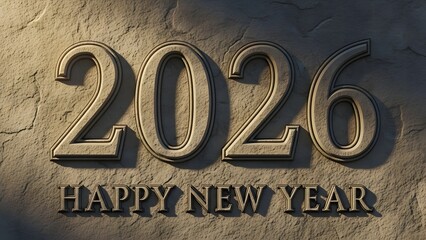 Happy New Year 2026 message carved into a textured stone surface with golden metallic numbers and text, illuminated by dramatic lighting.
