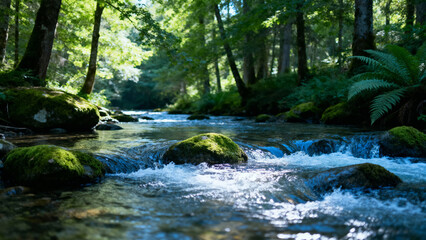 A clear stream flows over moss-covered rocks in a lush forest setting