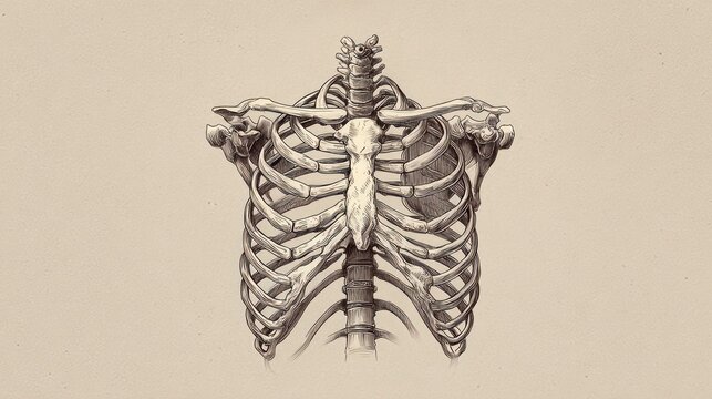 Detailed monochrome illustration of a human chest cavity, focusing on ribcage and clavicles