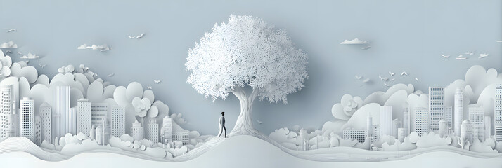 The person who knows. Tree, Achieve sustainable growth, World Environment Day. White eco urban city and nature landscape background paper art style.	
