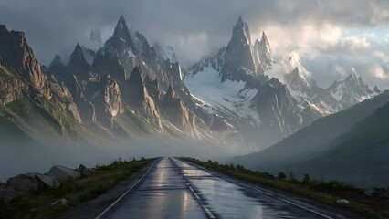 Epic Landscape of Mountain Road Reflecting in Wet Conditions at Dusk