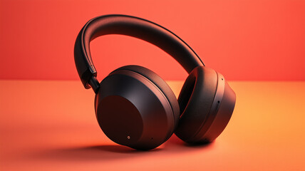 暖色系の背景に黒いヘッドホンが置かれた写真