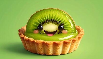 A smiling kiwi slice in a tart shell, against a solid green background, presents a whimsical, adorable dessert treat