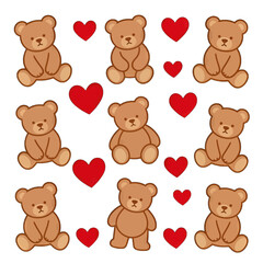 Cute Teddy Bears and Red Hearts Cartoon Illustration