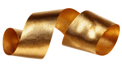 Golden metallic ribbon unrolling, symbolizing celebration, gift wrapping, luxury, and festive decoration, isolated with transparent background