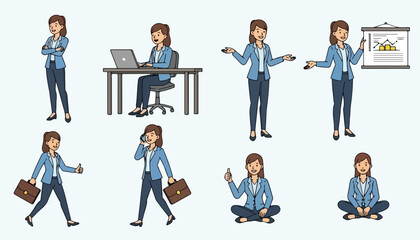 Fototapeta premium Illustration of a businesswoman in various poses: standing, working at a desk, presenting, walking with a briefcase, talking on the phone, meditating, and sitting cross-legged.