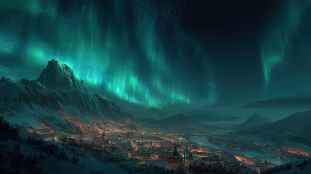 Northern Lights Aurora Borealis Over Snowy Mountain Village at Night - Powered by Adobe