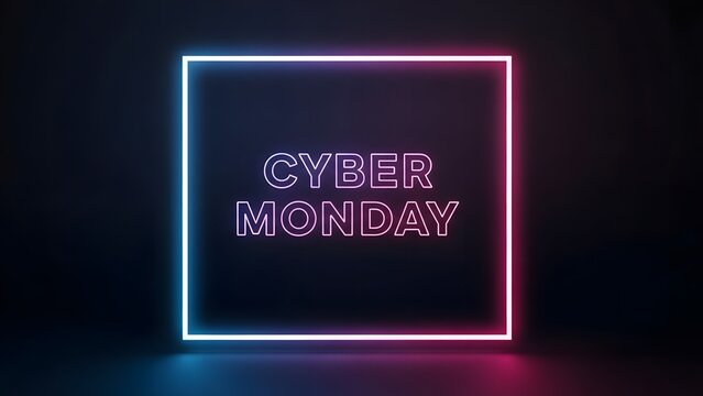 Cyber Monday neon sign glowing with purple and blue light on a dark background.