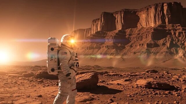 Astronaut explores vast Mars canyon symbolizing future colonization