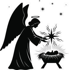 Angel Placing Star Above Manger Scene &ndash; Black and White Christmas Silhouette Vector Art