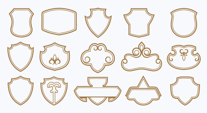 Collection of Decorative Shield Frames with Golden Outlines.