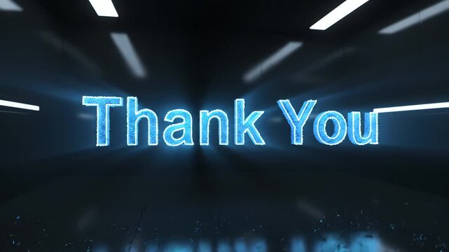 Animated 'Thank You' message emerging from vibrant blue particles in a sleek dark studio for digital gratitude concept and modern technology