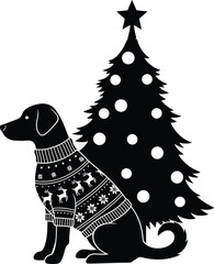 Dog Wearing Christmas Sweater Sitting Beside Tree &ndash; Black and White Holiday Silhouette Vector Art