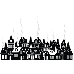 Christmas Village Houses with Snow and Chimney Smoke &ndash; Black and White Winter Silhouette Vector Art