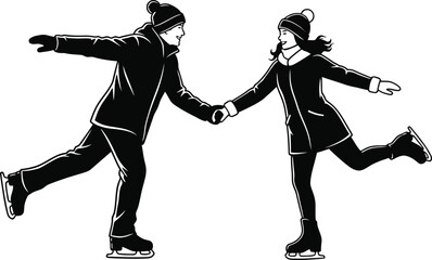 Couple Ice Skating Together Holding Hands &ndash; Black and White Christmas Silhouette Vector Art