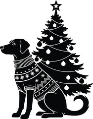 Dog Wearing Christmas Sweater Sitting Beside Tree &ndash; Black and White Holiday Silhouette Vector Art