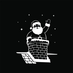 Santa Claus Waving from Chimney Rooftop at Night &ndash; Black and White Christmas Silhouette Vector Art