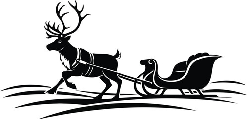Christmas Sleigh Pulled by Single Reindeer Through Snow Field – Black and White Silhouette Vector Art