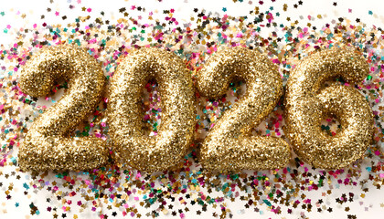 Golden 2026 with Glittering Confetti and Ribbon Streamers, Happy New Year Theme, Transparent Background