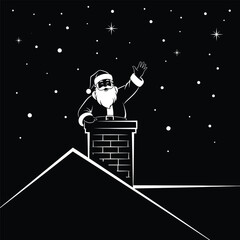 Santa Claus Waving from Chimney Rooftop at Night &ndash; Black and White Christmas Silhouette Vector Art
