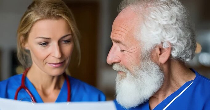 Medical professional assisting senior citizen with document review