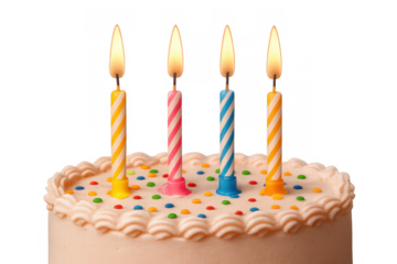 Birthday cake with glowing striped candles creating a festive atmosphere, celebrating a special event, transparent background