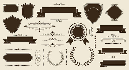 Collection of Vintage Badges, Ribbons, and Laurel Wreaths for Design Projects.