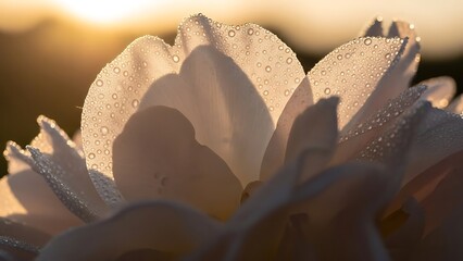 Close-up of a flower with water droplets at sunrise.