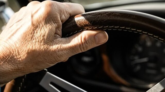 Wisdom etched in time old hand gripping leather wheel driving life