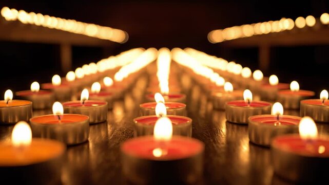 Rows of Tea Light Candles Glowing in the Dark, Warm Ambiance