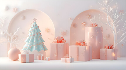 christmas presents and a christmas tree in pink and blue