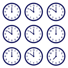Set of Blue Clock Time Indicator Vector Icons