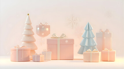 a group of pink and white christmas presents on a white background