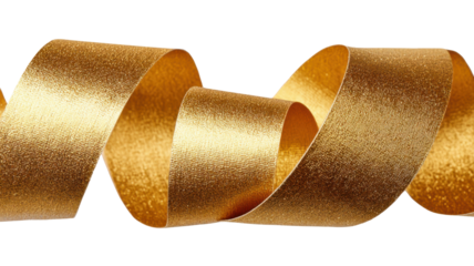 Gold ribbon swirling shape creating a decorative line, perfect for celebrations, gifts, and elegant design elements, transparent background