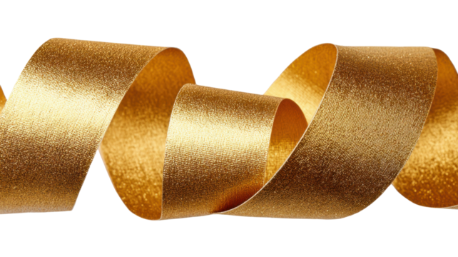Gold ribbon swirling shape creating a decorative line, perfect for celebrations, gifts, and elegant design elements, transparent background