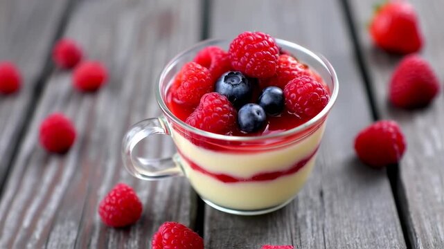 Delectable berry dessert presented gracefully on aged wooden surface for visual allure