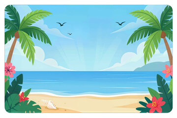 Fototapeta premium Tropical Beach with Palm Trees and Flowers Illustration