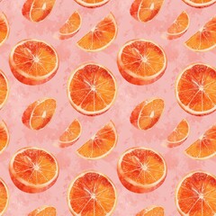 A fresh and bright pattern of juicy orange slices on a pink background, modern fruit illustration