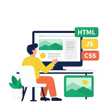 Web Developer Working on Code in Flat Design Illustration