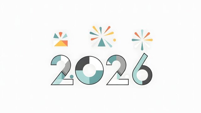 Stylized graphic illustration of the year 2026 with abstract fireworks above.