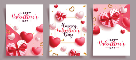 Happy Valentine's day greeting card clipart poster set. Valentine's greeting card clip art design with heart shape balloons and gift box decoration elements for heart's day holiday banner collection 